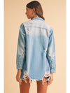 Sky Blue Light Wash Distressed Frayed Long Denim Jacket