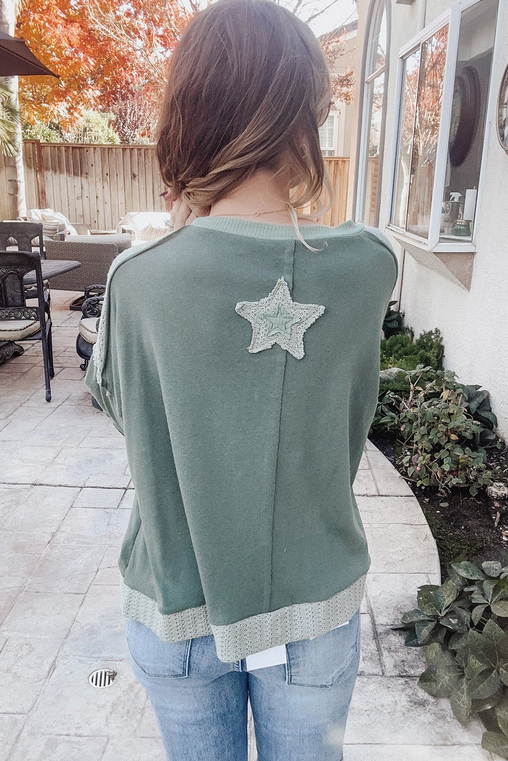 Mist Green Stars Patchwork Round Neck Plus Size Top