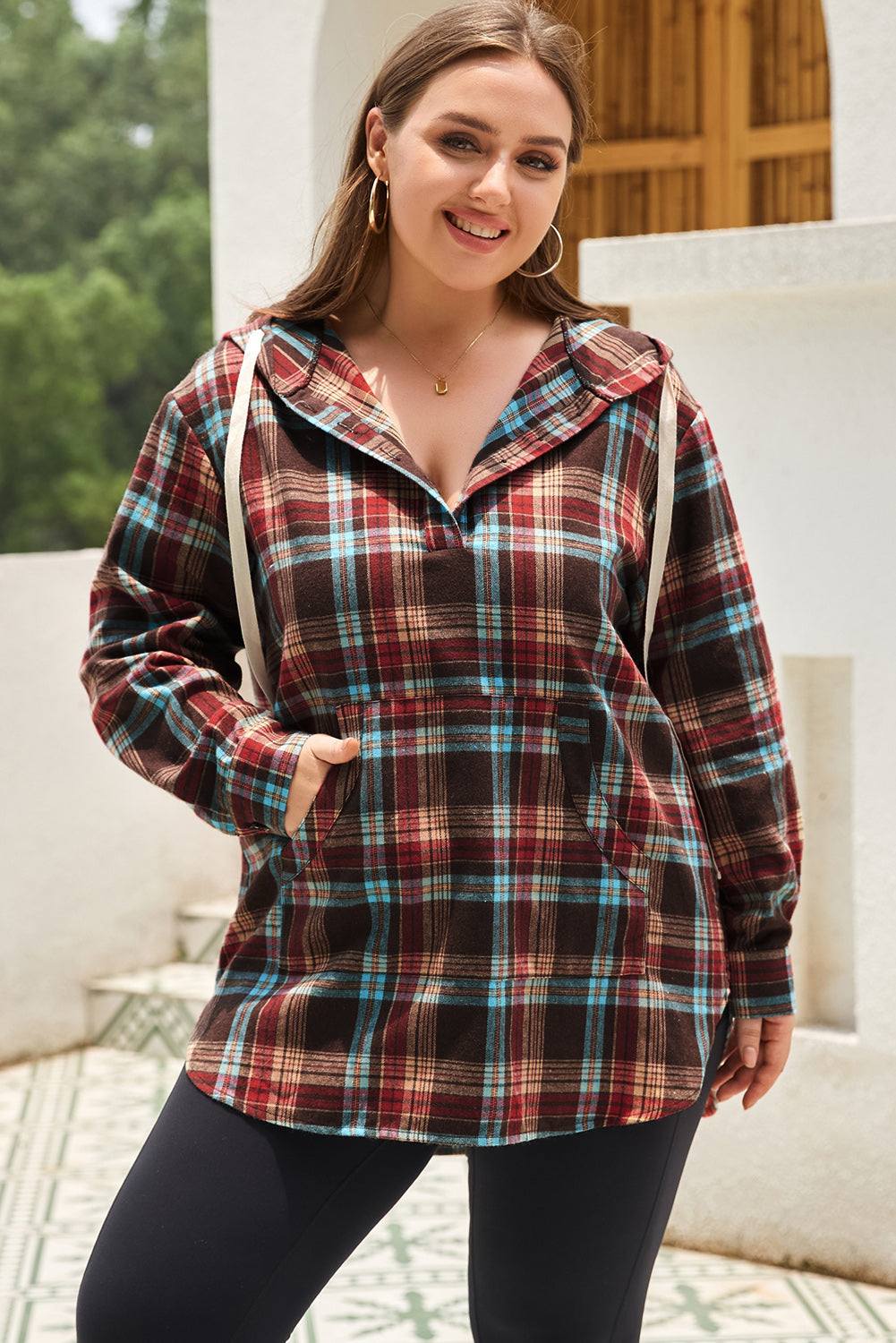 Green Plaid Plus Size Kangaroo Pocket Drawstring Hoodie