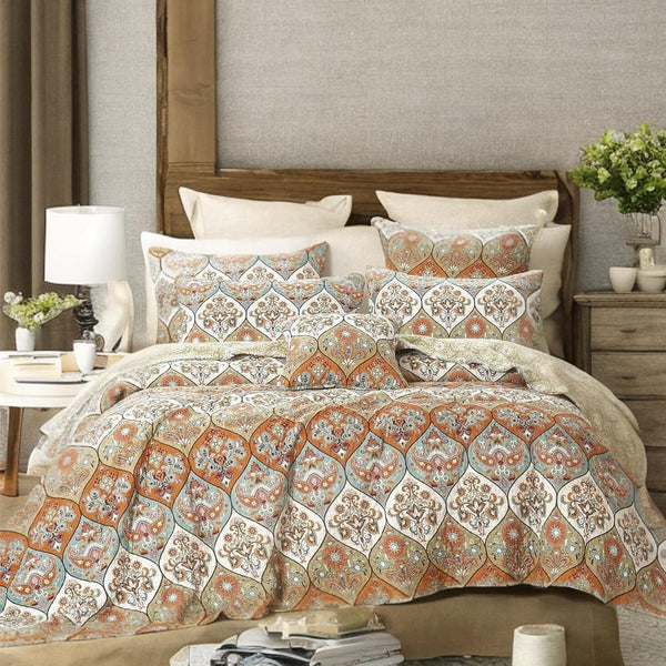 Bohemian Floral Paisley Garden Coral Teal Quilted Bedspread Set (LH1403)
