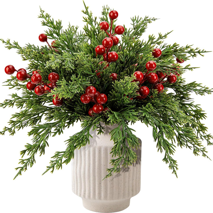 45 Pcs Christmas Artificial Pine Branches with Red Berry Stems, 10.5"