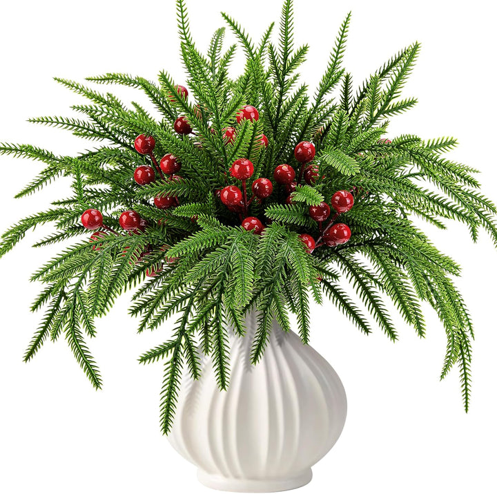 45 Pcs Christmas Artificial Pine Branches with Red Berry Stems, 10.5"