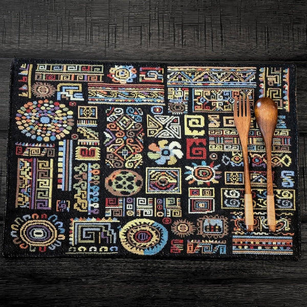 4-Pieces Ethnic Ornaments Geometric Black Tapestry Dining Placemats 13” x 19” (18118)