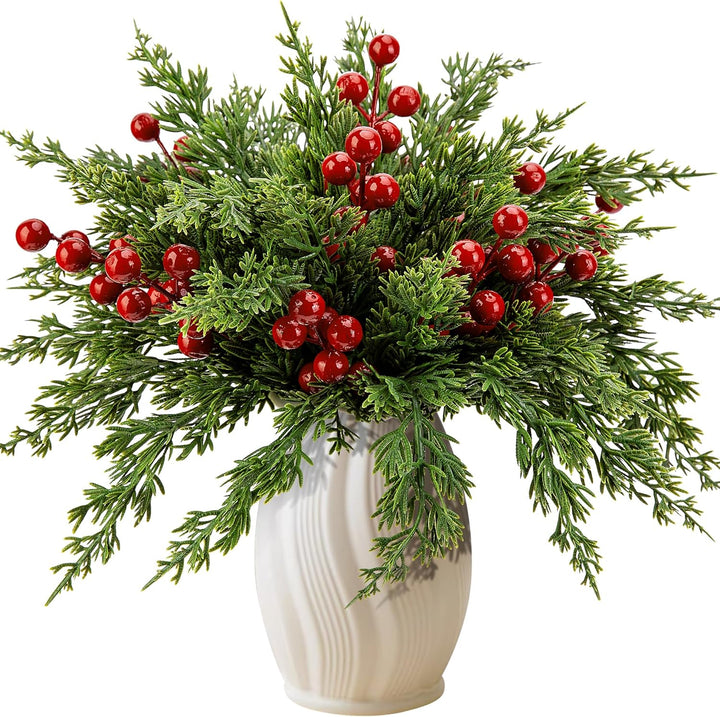 45 Pcs Christmas Artificial Pine Branches with Red Berry Stems, 10.5"