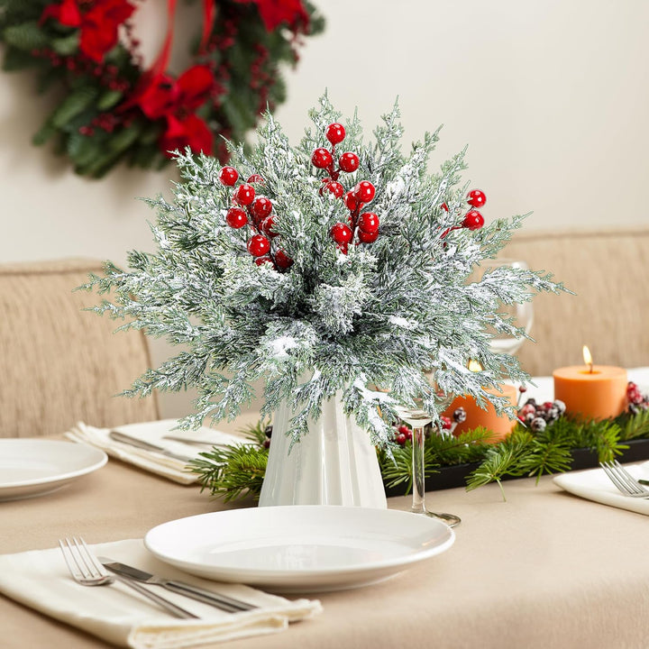 45 Pcs Christmas Artificial Pine Branches with Red Berry Stems, 10.5"