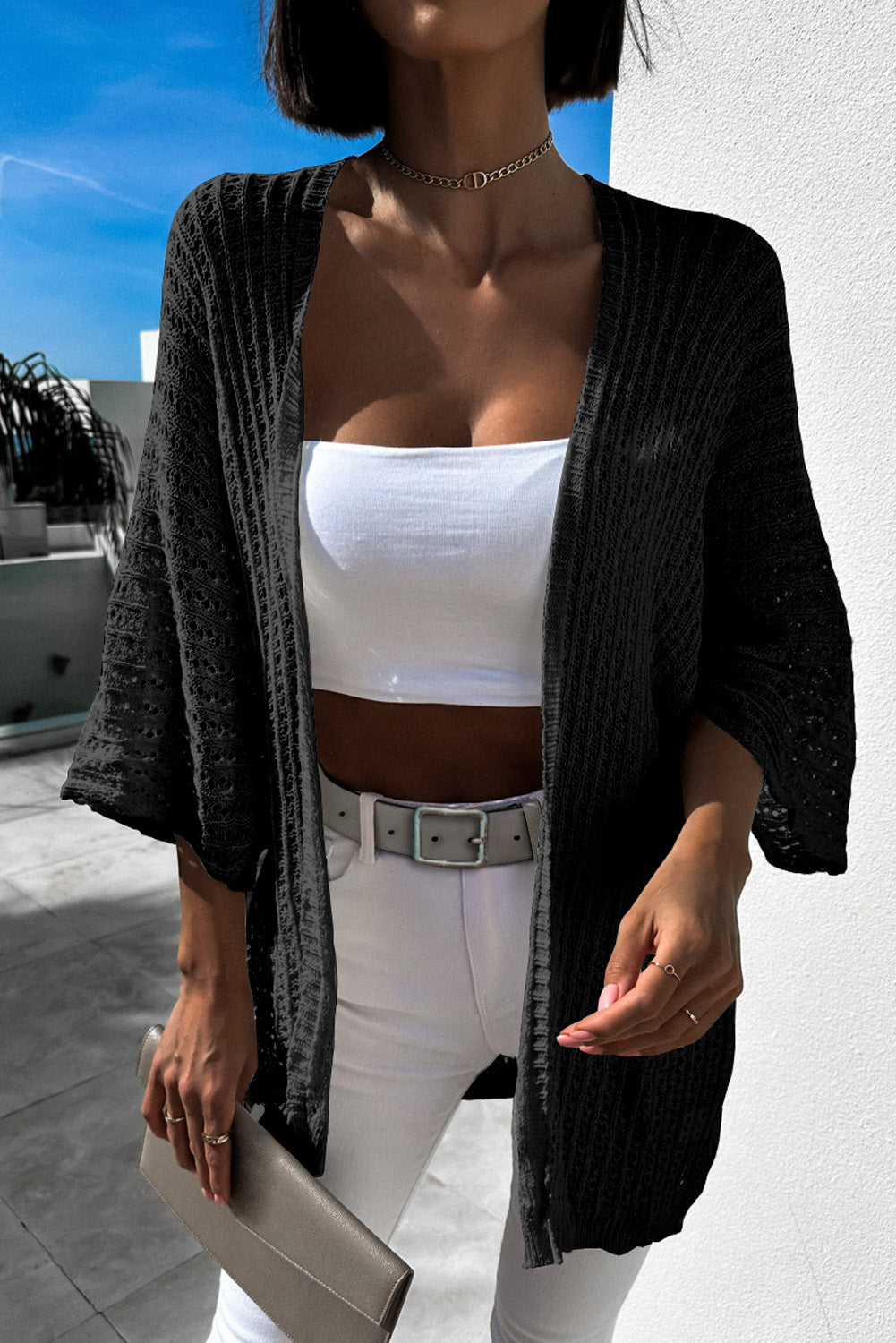 Rose Hollow-out Bracelet Sleeve Knit Cardigan