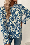 Rose Floral Print Flounce Sleeve Keyhole Back Blouse