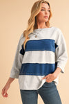 Sail Blue Striped Patchwork 3/4 Sleeves Raw Edge Sweatshirt