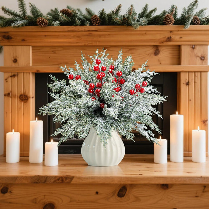 45 Pcs Christmas Artificial Pine Branches with Red Berry Stems, 10.5"