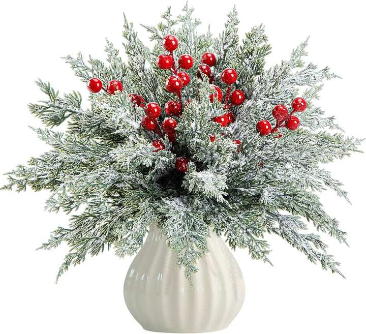 45 Pcs Christmas Artificial Pine Branches with Red Berry Stems, 10.5"