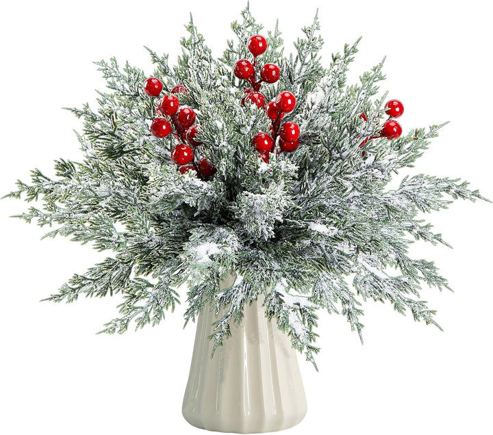 45 Pcs Christmas Artificial Pine Branches with Red Berry Stems, 10.5"