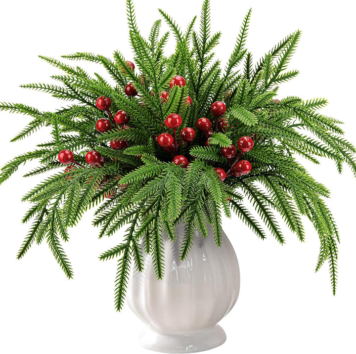 45 Pcs Christmas Artificial Pine Branches with Red Berry Stems, 10.5"