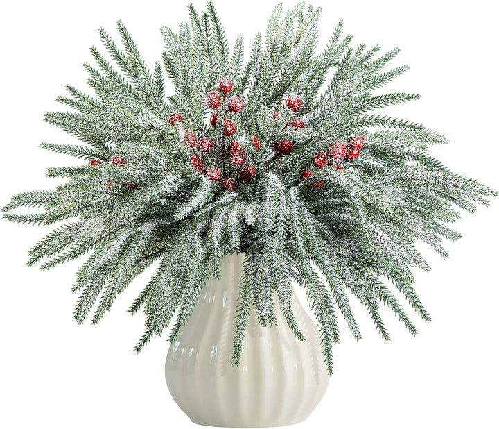 45 Pcs Christmas Artificial Pine Branches with Red Berry Stems, 10.5"
