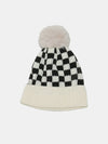 Checkered Knit Hat with Pompom