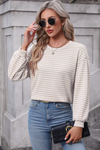 Black Striped Round Neck Drop Shoulder Long Sleeve Top