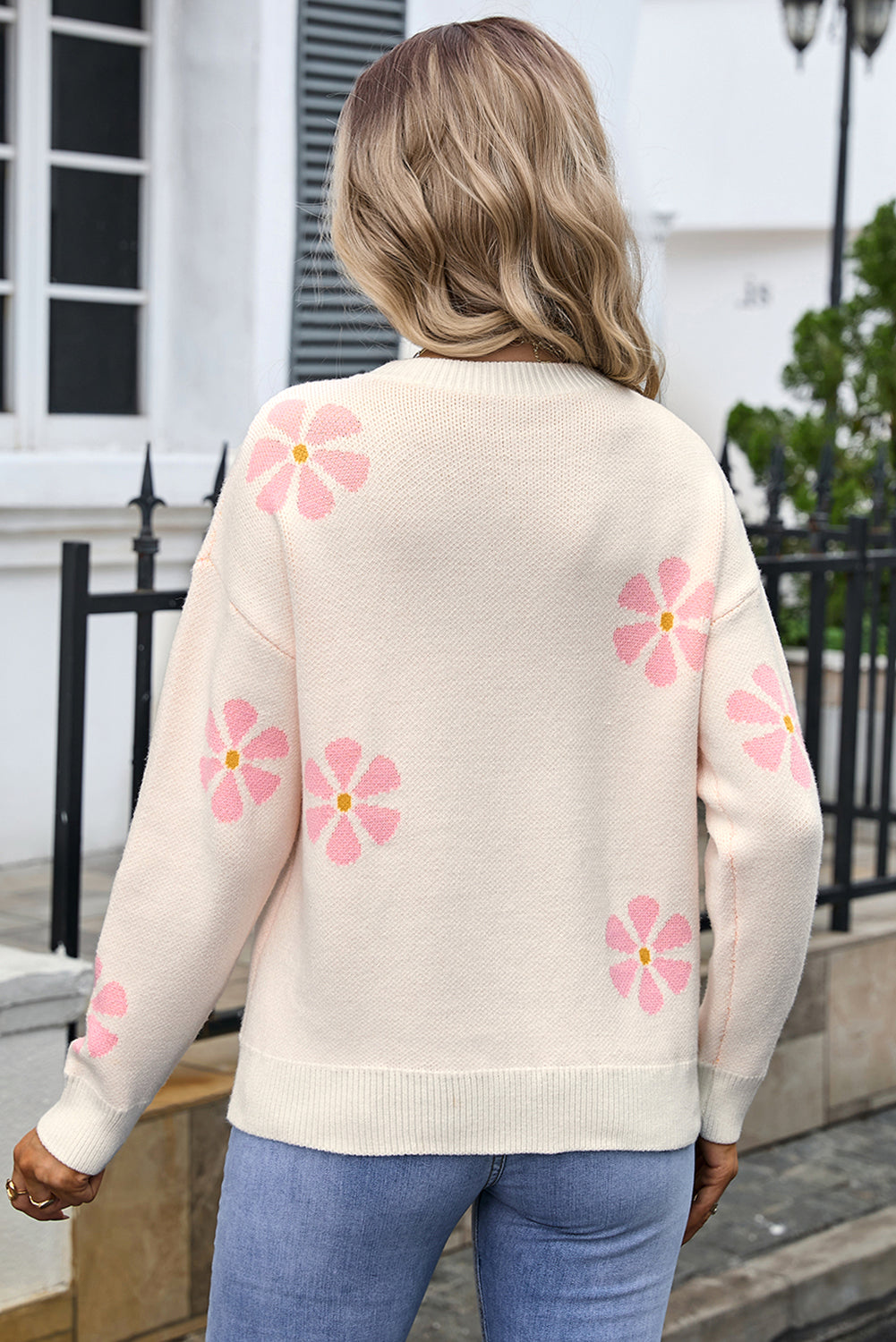 White Clashing Floral Long Sleeve Pullover Sweater