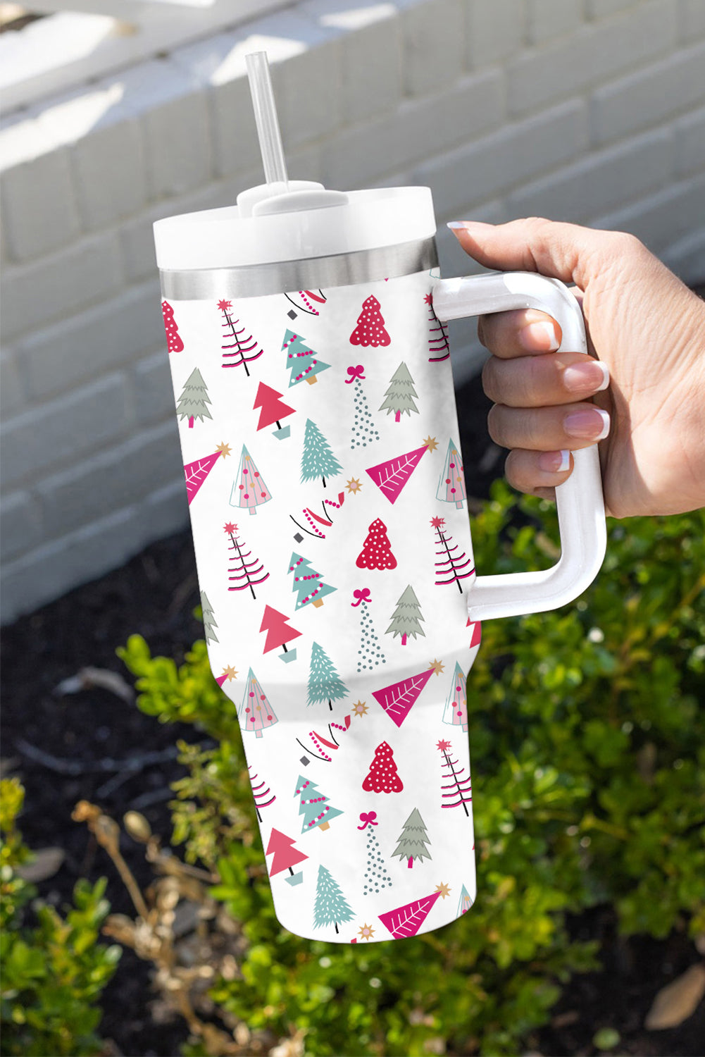 White Cartoon Christmas Tree Printed Thermos Cup