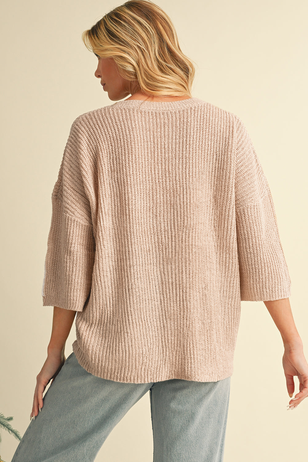 Light French Beige Contrast 3/4 Sleeve Crew Neck Sweater