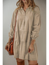 Tan Puff Sleeve Buttoned Tiered Pleated Mini Shirt Dress