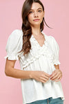 Lime 'N' Chili Solid Ruffled Deep V-Neck Puff Sleeve Babydoll Top