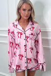 Pink Bowknot Print Long Sleeve Two Piece Pajama Set