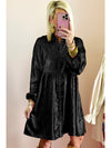 Black Metallic Sheen Puff Sleeve Button Up Mini Shirt Dress