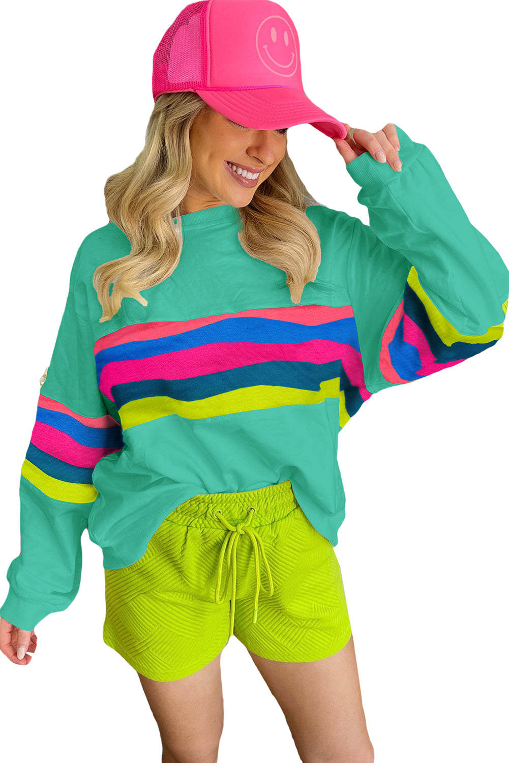 Green Colorful Striped Round Neck Long Sleeve Top