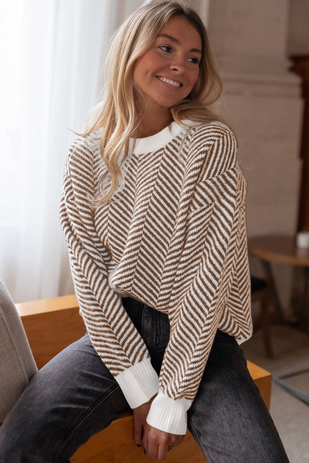 Coffee Stripe Contrast Edge Crew Neck Drop Shoulder Sweater