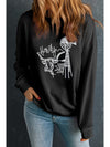 Black Embroidered Howdy Cow Graphic Crew Neck Sweatshirt