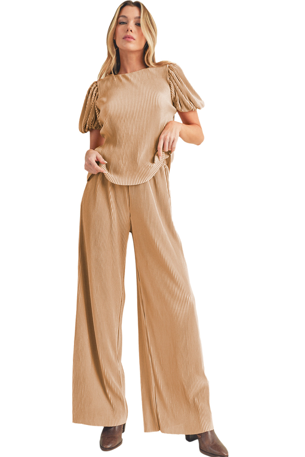 Clay Ribbed Short Puff Sleeve Top and Wide Leg Pants Set