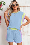 Blue Color Block Loose Fit Top and Elastic Waist Shorts Set