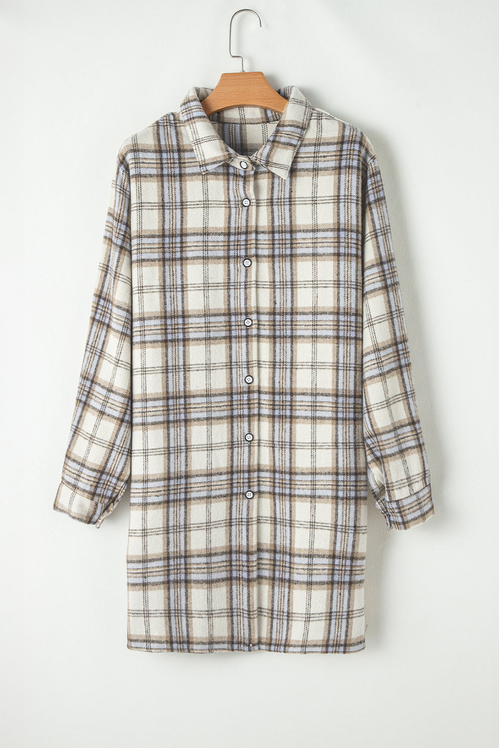 White Plaid Print Tunic Side Slits Plus Size Shacket