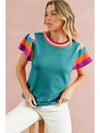 Bright Pink Contrast Sleeve Striped Round Neck Knitted Tee