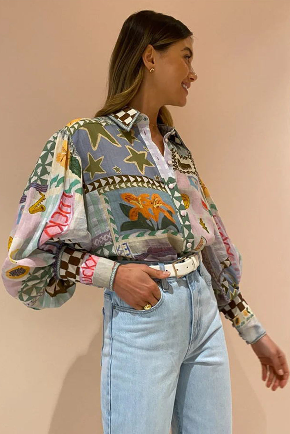 Multicolour Printed Long Sleeve Collar Blouse