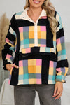 Black Checkered Pocketed Half Button Collared Sweatshirt