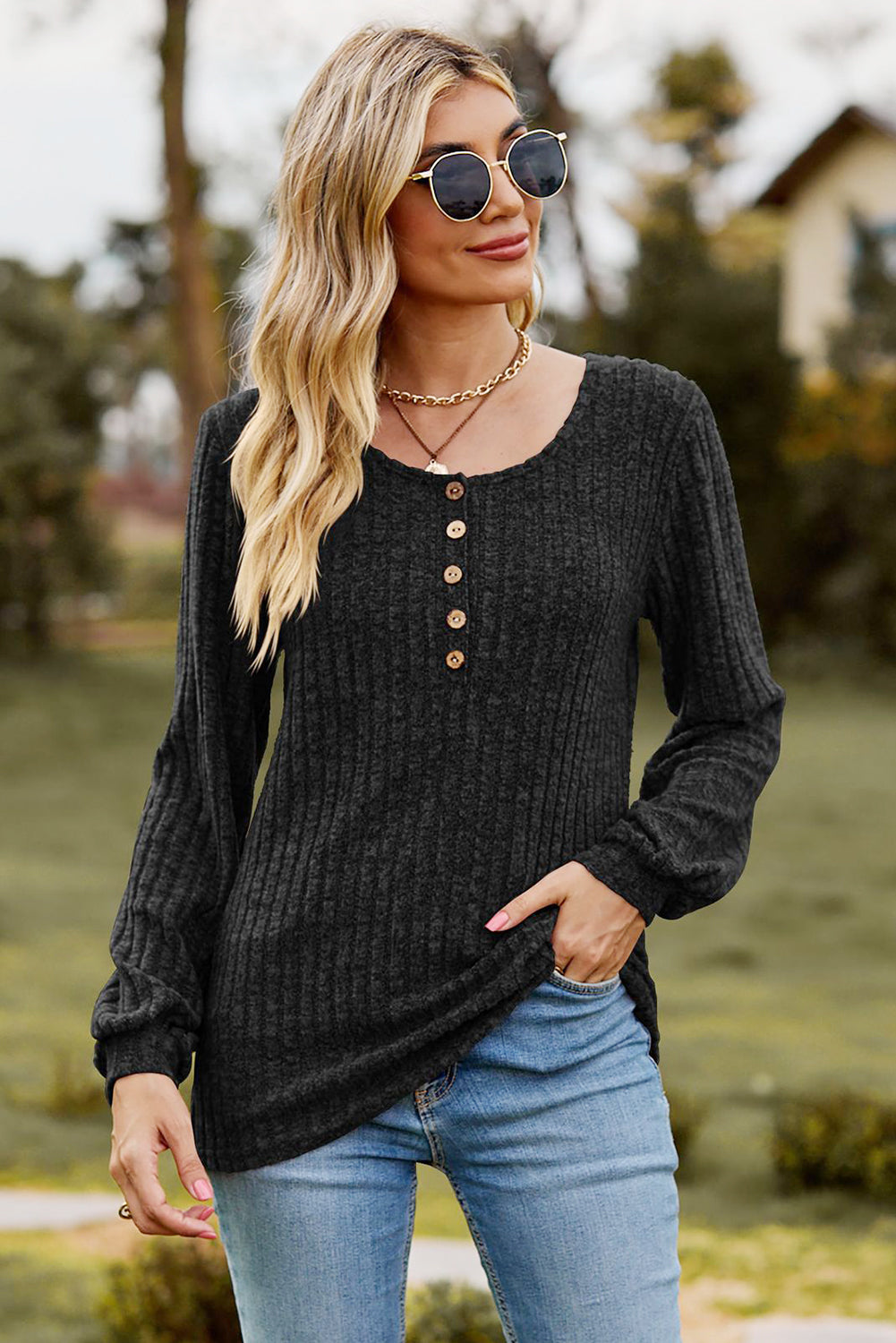 Black Brushed Round Neck Long Sleeve Henley Top