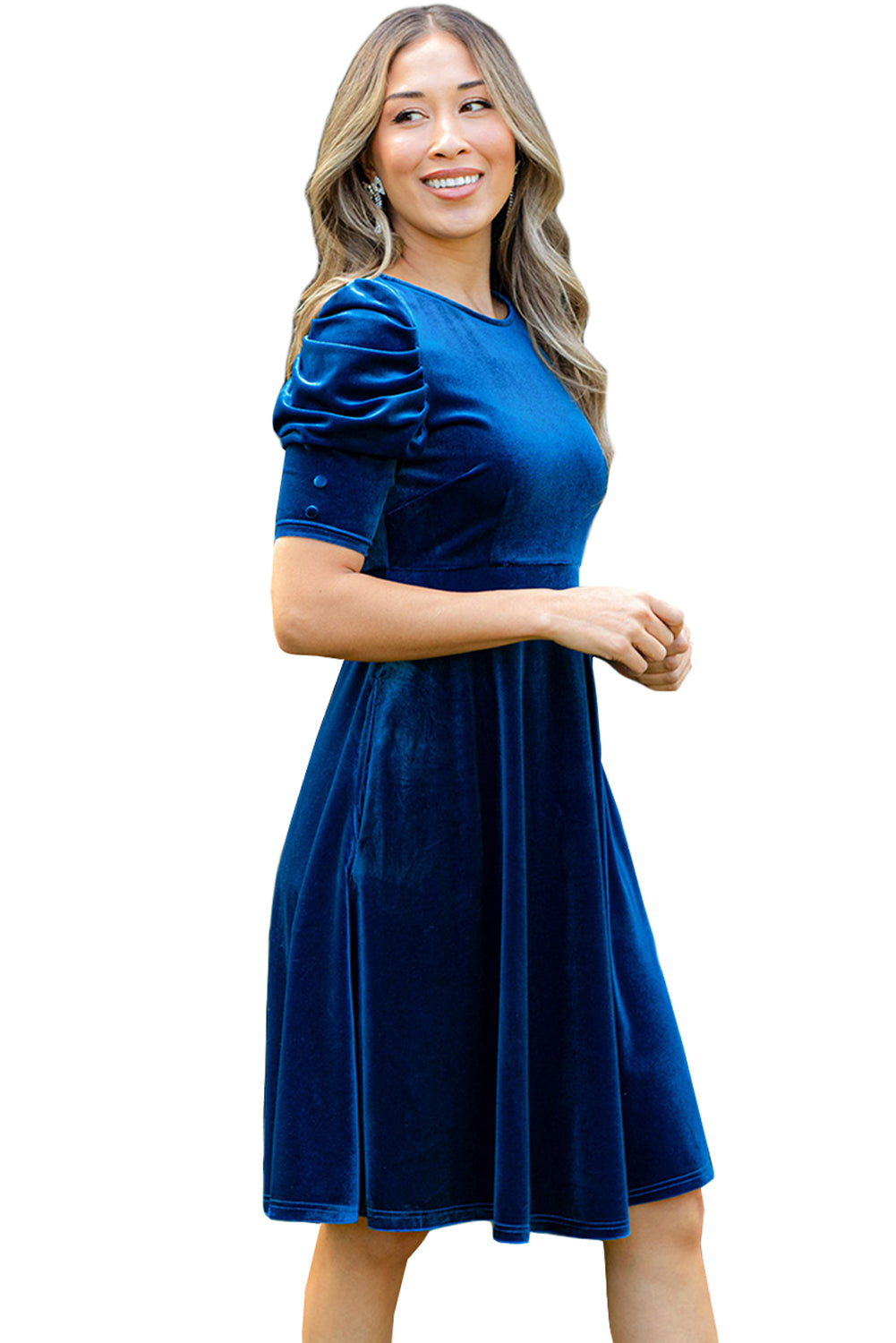 Sail Blue Velvet Ruched Short Sleeve Pocketed Midi Dress