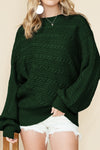 Blackish Green Mock Neck Lantern Sleeve Cable Knit Sweater