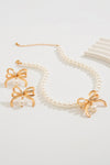 Gold Rhinestone Pearl Bow Decor Plated Necklace and Earrings Set