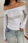 Light Grey Slim Fit Off Shoulder Long Sleeve Top