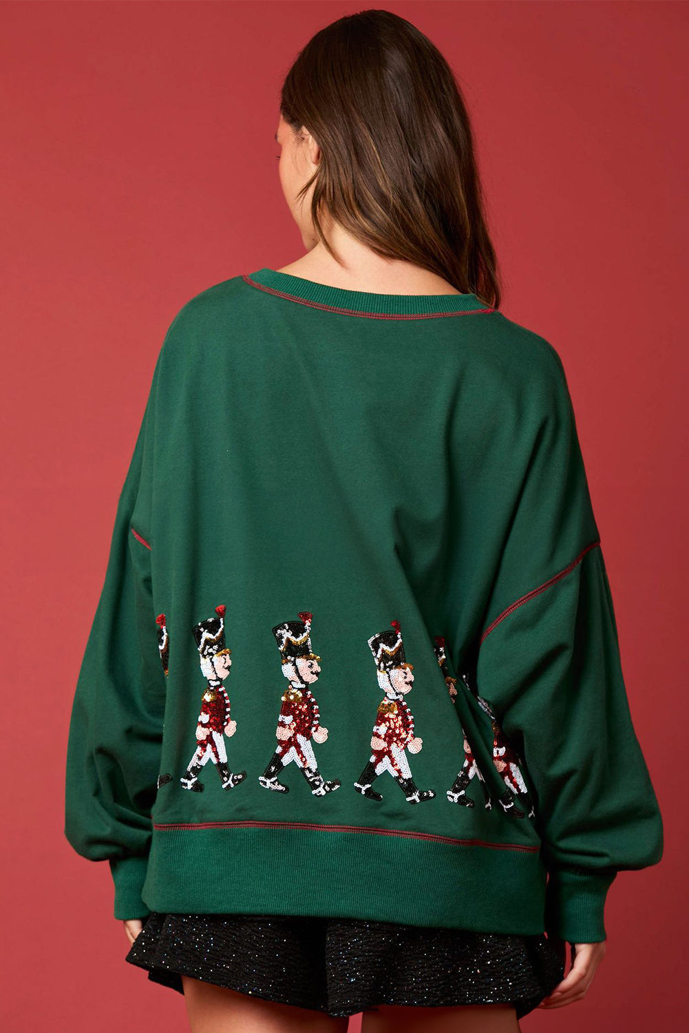 Blackish Green Nutcracker Sequin Round Neck Sweathershirt