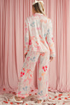 White Bow Print Lapel Collar Wide Leg Satin Pajama Set