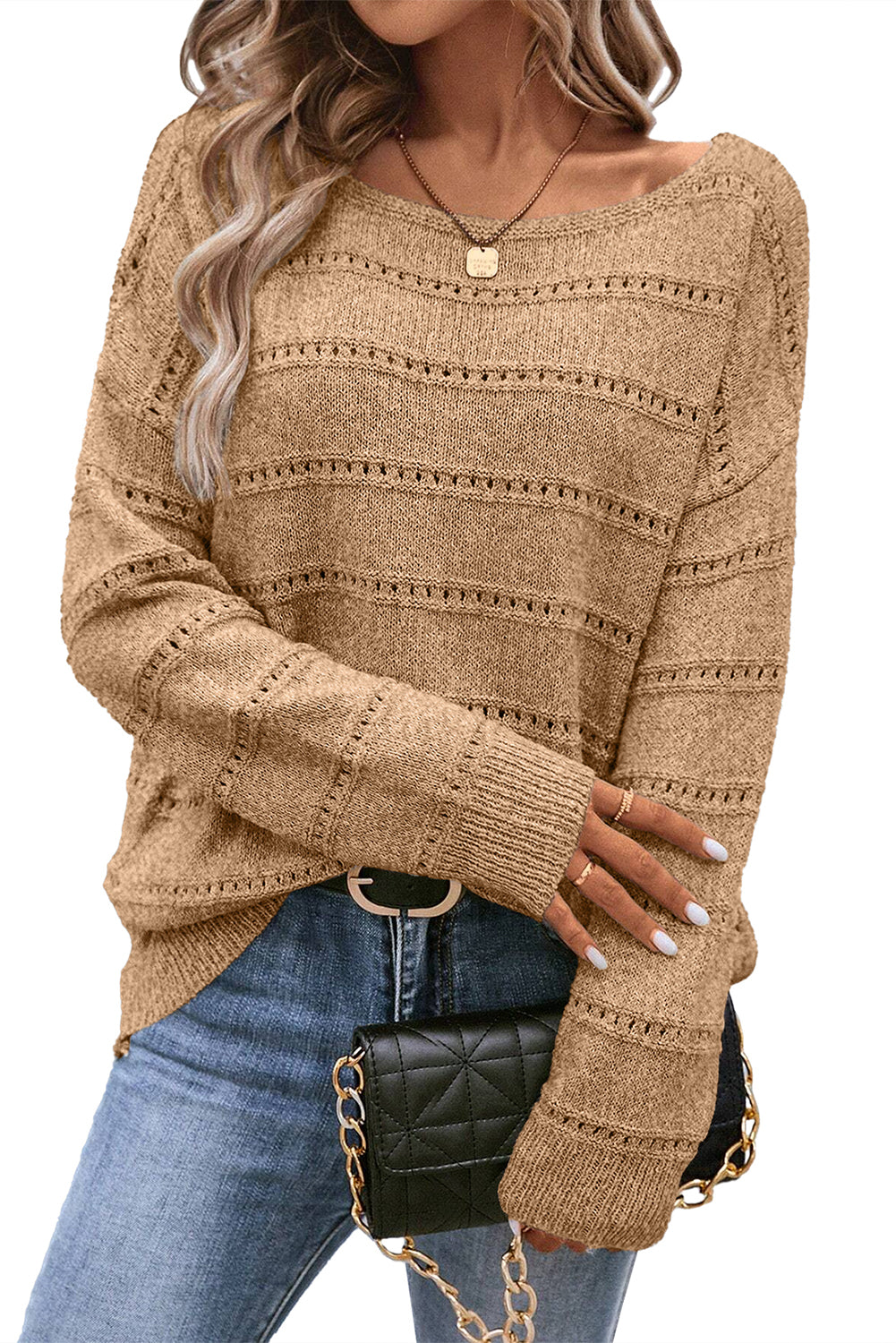 Pale Khaki Boat Neck Drop Shoulder Pointelle Knit Sweater