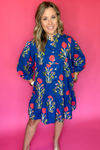 Blue Floral Print Button Front 3/4 Puff Sleeve Ruffle Hem Dress