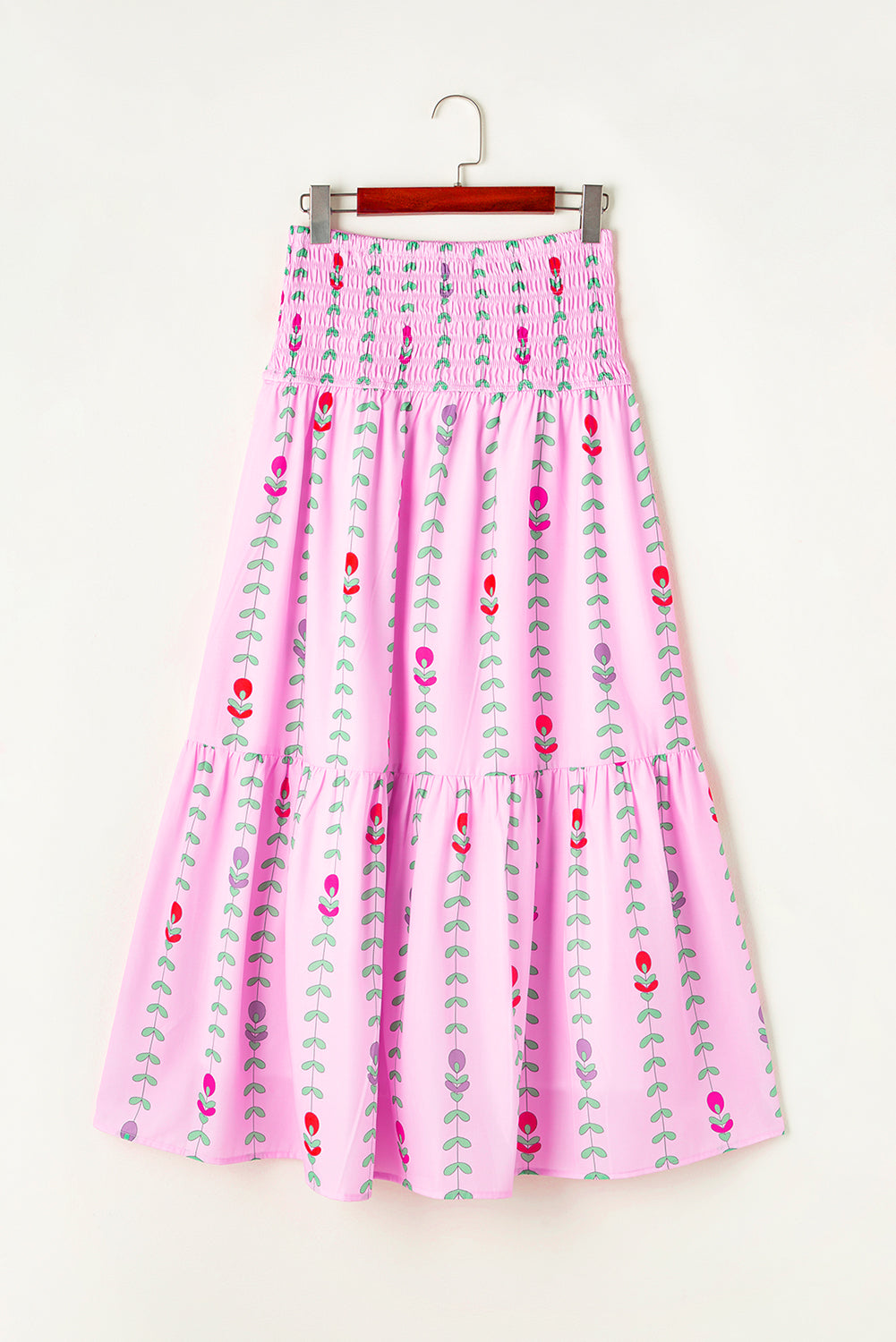 Pink Smocked Waist Tiered Maxi Skirt