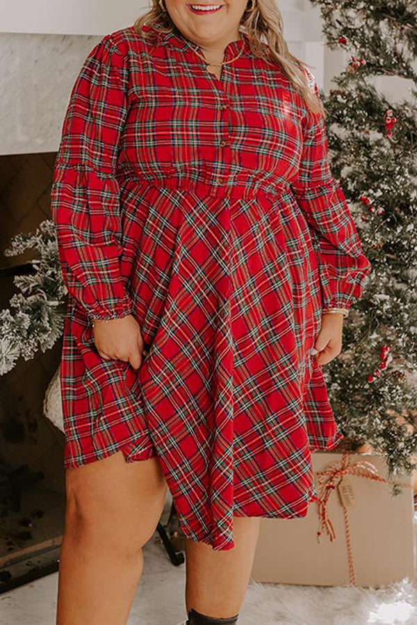 Red Plaid Half Button Long Sleeve Holiday Plus Size Dress
