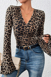 Brown Leopard Print V Neck Flared Long Sleeve Top