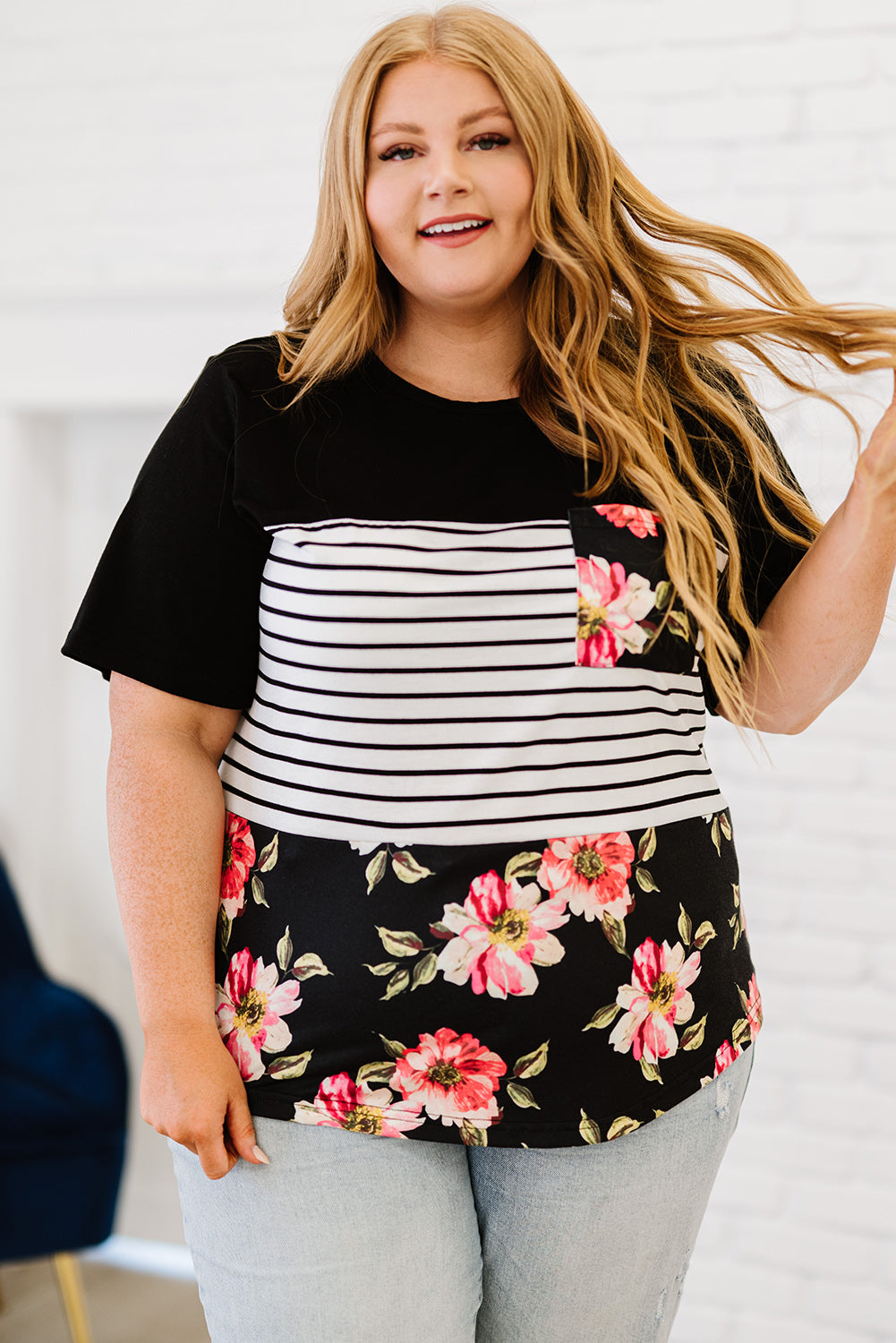 Black Stripe Floral Casual Splicing Block Plus Size Top