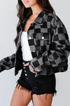 Black Checkered Patchwork Button Up Denim Jacket