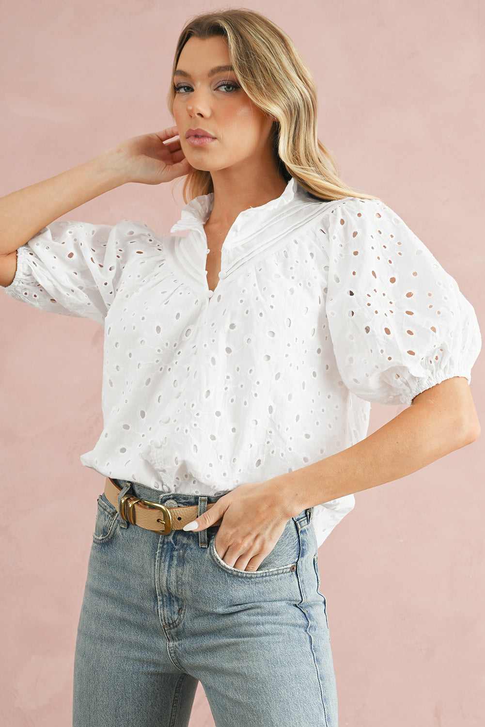 Bonbon Hollow-out Flower Embroidered Short Puff Sleeve Blouse